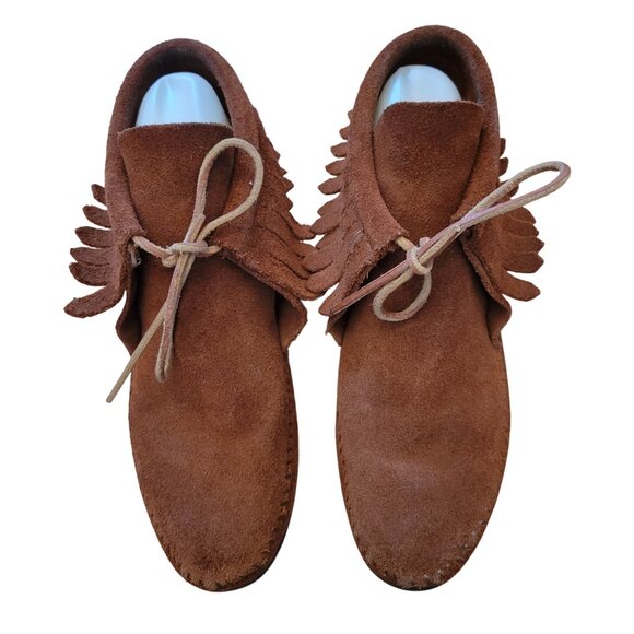 Minnetonka 7 Brown Leather Fringe Moccasins Ankle Boots Booties Hard Sole 682 - Picture 2 of 7